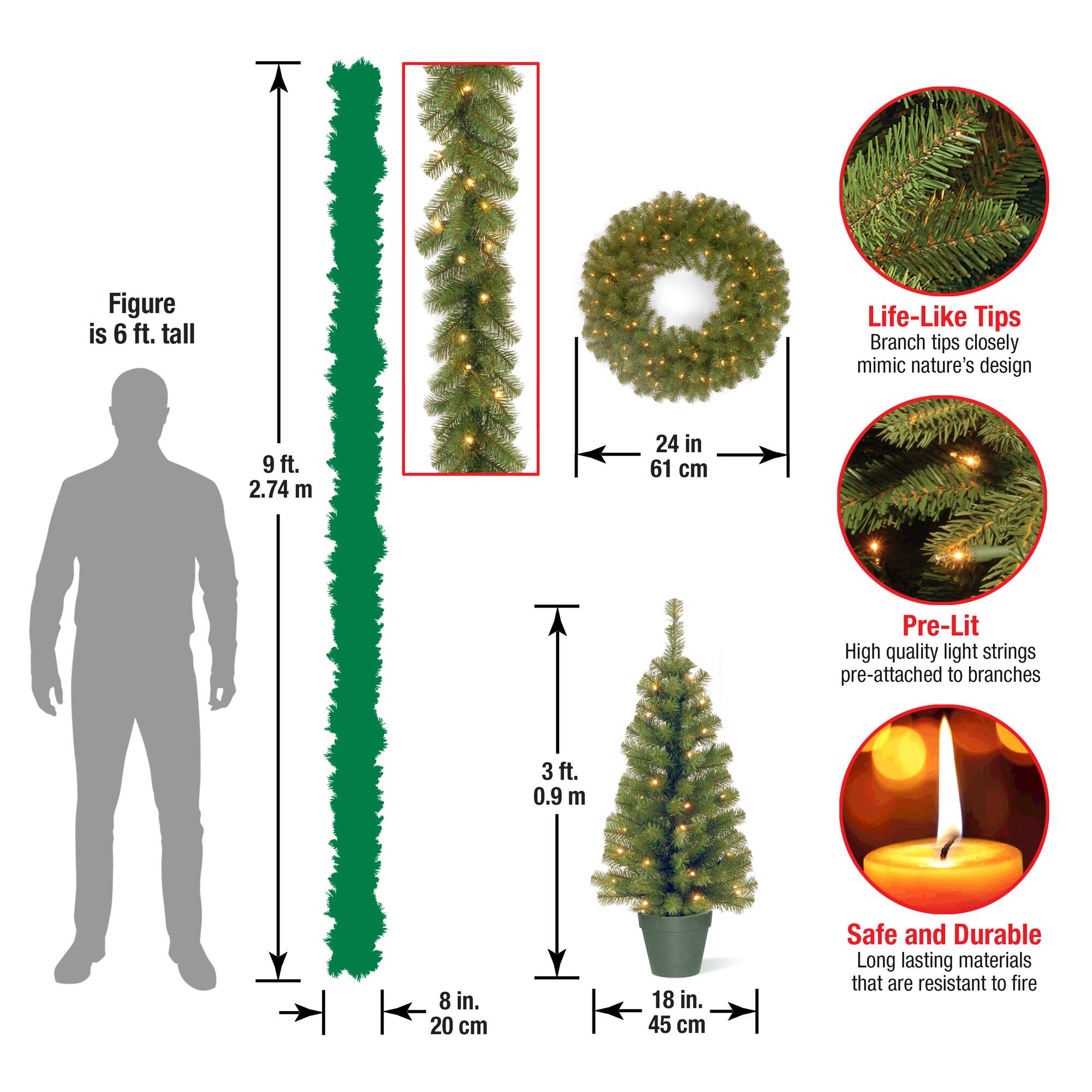 4-Piece Pre-Lit Artificial Christmas Entrance Trees, Garland & Wreath, Warm White LED Lights